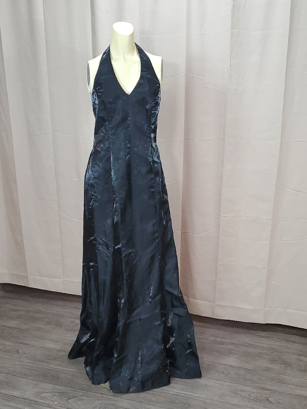 Satin Halter Backless Evening Gown in Black